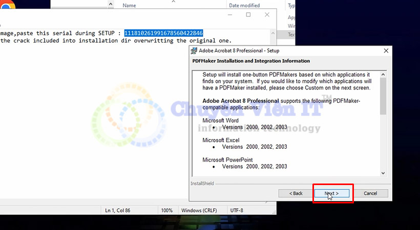 Chọn Next để tiếp tục cài Acrobat 8.